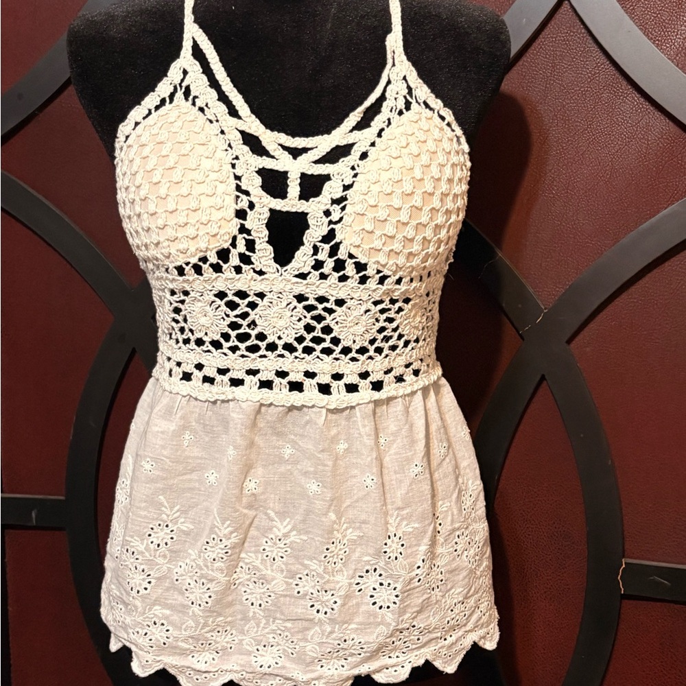 Boho Crochet Halter Babydoll Top – White Eyelet Linen